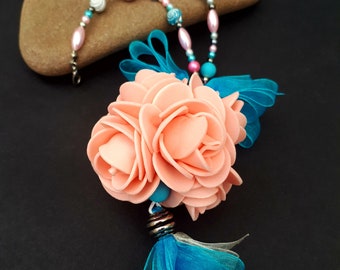 Rear view mirror charm, car decoration, accessory, pink flower, blue ribbon, organza ornament, car accessories, birthday gift, present