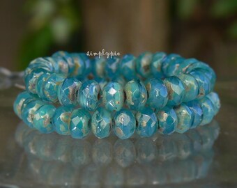 Marbled Green Teal Picasso Donut Czech Beads 3x5mm: 25 Pcs Faceted Rondelle Gemstone Cut
