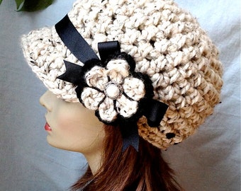 Cold Weather Crochet Woman Hat, Newsboy, Oatmeal, Soft Chunky Wool, Warm, Gift for her, Winter, Ski Hat JE808N7