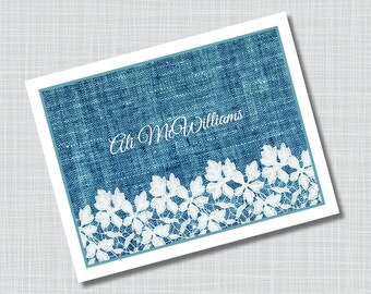Custom Blue Denim & Lace Name Note Cards