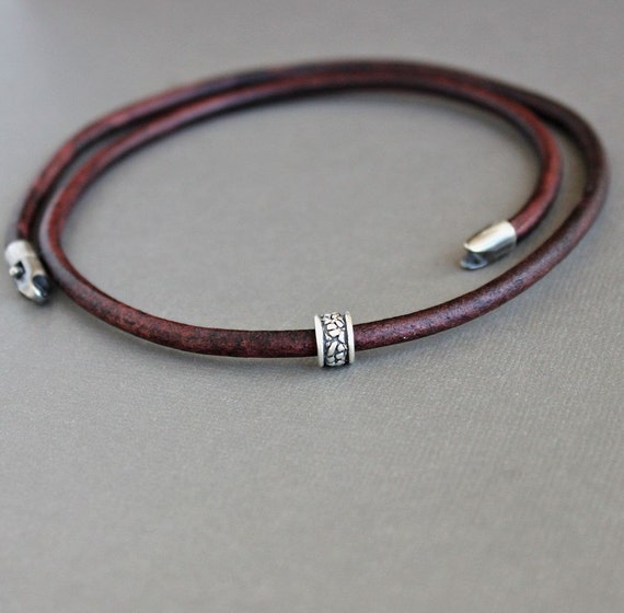 Mens Brown Leather Cord Necklace Single Silver Bead Mens