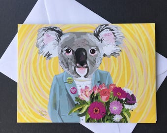 Birthday card - dressed Koala with flowers