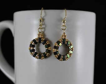 Beaded Green and Gold Earrings