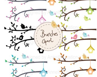 Branches Clipart,Spring birds Clipart,Trees Clipart,Branch silhouettes Clipart,Vector,Instant download Illustration_CA24