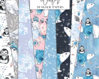 Winter Digital Papers | Enchanted Cute Animals Graphics Glam Bear Penguin Owl Patterns | planner stickers, graphics resources, Fabric