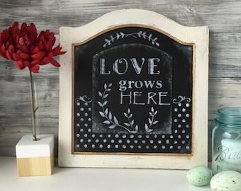 Word Art, Farmhouse Decor, one of a kind, repurposed art, Love grows here, black and white.