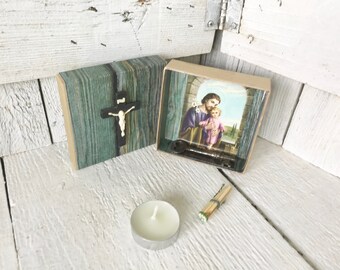 Tiny shrine prayer box Christ crucifix icon blue upcycled embellished/ free shipping US