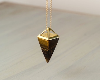 Tiger Eye Point Necklace Gold Brown Triangle Necklace Pyramid silver Pendant Quartz Crystal Layering Healing Crystal Yoga Pendant