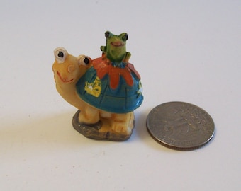 Miniature turtle with frog, Fairy garden or terrariums mini tiny turtle figurine