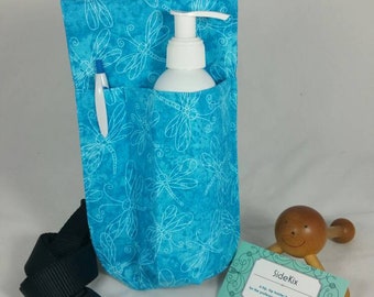 Massage Therapy single 8oz lotion bottle RIGHT hip holster, turquoise dragonfly, black belt