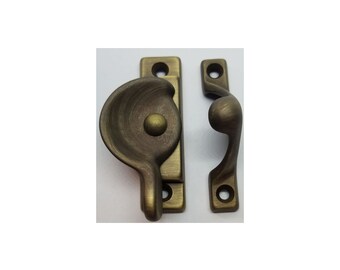 Decorative Solid Antique Brass Heavy Duty Spring Loaded Window Sash Lock Latch Square Cornered Catch century modern antique old vintage