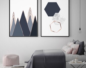 Geometric Prints, Scandinavian Prints, Set of 2 Posters, Diptych, Navy Wall Art, Navy Marble Rose Gold Prints, Wall Decor, A3, Print Avenue
