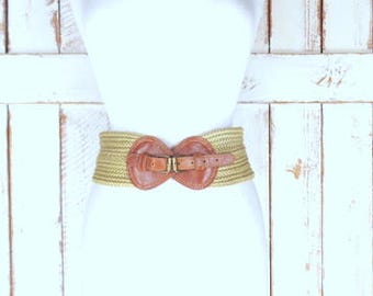 Vintage wide tan/light brown thick woven braided chord belt/brown faux leather cotton rope chord belt
