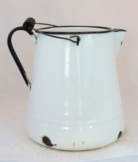 Large Milky White Enamel Pitcher with Wooden Handle on Top