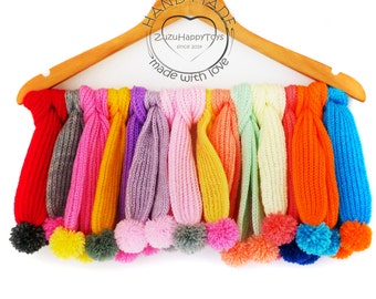 Knitted scarf with pompoms for doll, Knitted accessories for toys