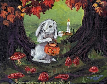 Halloween gothic storybook art PRINT choice of 5 x 7 or 8 x 10, white rabbit, autumn woods, mushrooms, dark hollow forest fantasy art