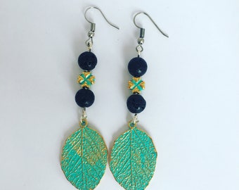 Lava stone diffuser earrings, Lava diffuser earrings, Lava jewelry, Essential oil diffuser, Homeopatic jewelry, Aromatherapy, golden green