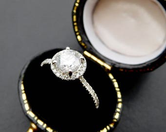 Vintage style 18ct white gold & diamond halo engagement ring, art deco style diamond, halo 1ct diamond cluster ring,