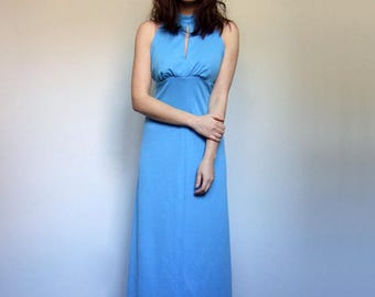 Vintage Blue Maxi Dress Bright Blue 70s Summer Dress Long Dress - Small S