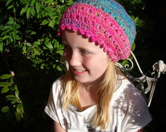 Crochet hat in pink and blue/green shades (large women's size)