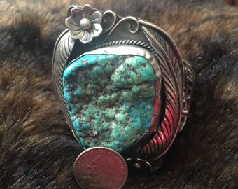 160g - Vintage Native American Seafoam Turquoise Sterling Cuff Bracelet