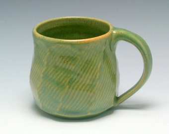 Coffee Mug, 11 oz, handthrown ceramic mug, stoneware pottery mug, green and biege with brown speckles/Ceramics and Pottery