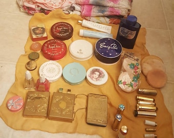 Vintage 1960s Makeup, Powders, Max Factor, Evening in Paris, Lip Stick, Ponds, Vintage Nail Polish, Scarves