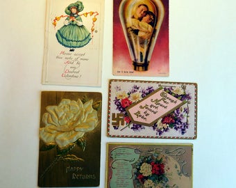 Lot of 5 Antique Vintage Valentine / Romance Postcards circa 1910 - Edwardian Color Lithograph Embossed Cards - Ephemera - Collage Supply