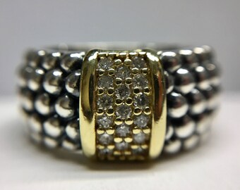 Lagos Caviar Diamond Ring, 18k Yellow Gold and 925 Sterling Silver - Size 10 1/2