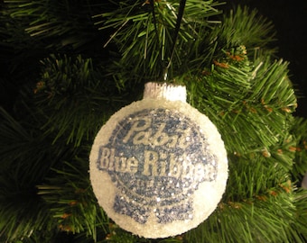 NEW!! Pabst Blue Ribbon Beer, glass glitter ornament