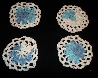 Four Crocheted Flower Coasters -100% Handmade Light Blue,Blue and White
