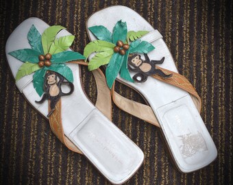 Michael Simon Sandals, Women's Slide Sandals, Vintage Sandals, Size 9 Sandals, Leather Monkey Time Palm Tree Sandals, 1970's Sandals