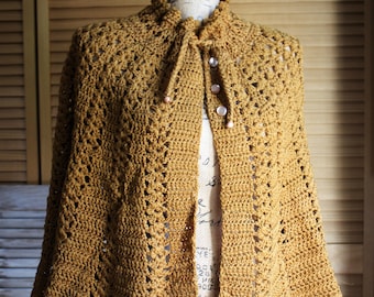 Vintage. Handmade/tan/brown/button/crochet/cape/shawl. Adorable shawl! 1970s. Boho/hippie!