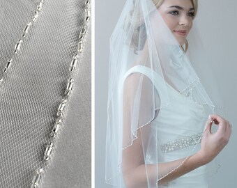 2 Layer Beaded Veil, Beaded Wedding Veil, Bridal Veil with Blusher, 2 Layer Veil, Beaded Bridal Veil, Tulle Veil, Fingertip Veil ~VB-5040