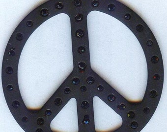 Large Peace Sign Pendant with Jet Black Rhinestones 50mm