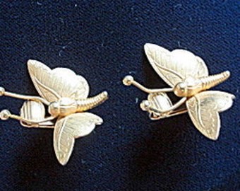 Butterfly Earrings Gold Tone Lever Back Clip On