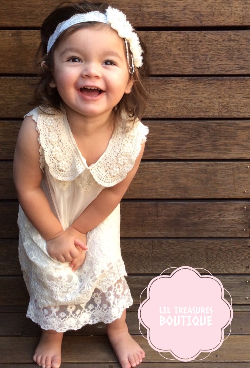 Ivory Lace Christening Dress With Pearl Collar. Vintage Flower