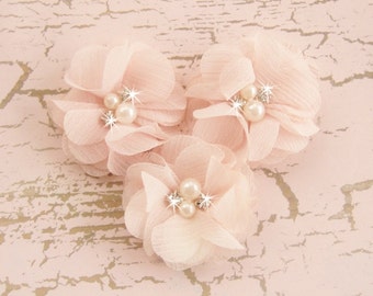 Blush Pink Chiffon Flowers with Rhinestones and Pearls - Hand-dyed Blush Flowers