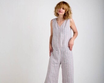 Jumpsuit - Linen Jumpsuit - Light Grey Jumpsuit - Striped Linen Overall - Wide Leg Jumpsuit - Linen Romper - Handmade by OFFON