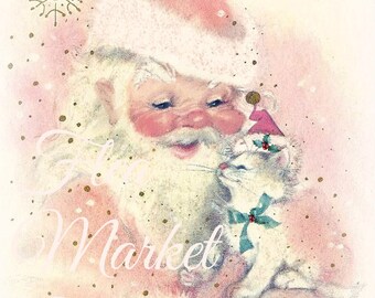 Mid Century Christmas Image-SANTA and Kitty-Shabby-Chic-Retro-Christmas Gift Tags