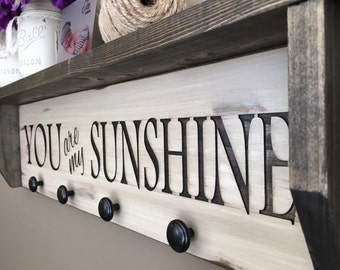 Kids Wall Shelf, Nursery Room Shelf, Custom Shelf, Decorative Shelf, Bathroom Shelf, Towel Hanger. You are my sunshine wood shelf