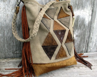 Geometric Leather Small Bucket Shoulder Bag with Fringe in Hair on and Acid Washed Cowhide and Taupe Stone Washed Leather by Stacy Leigh
