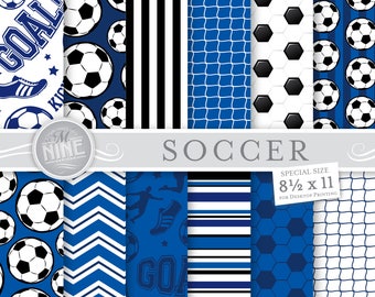 SOCCER Digital Paper / Blue Soccer Printables / 8 1/2 x 11 Soccer Patterns, Sports Theme, Soccer Downloads, DIY Soccer Party Paper