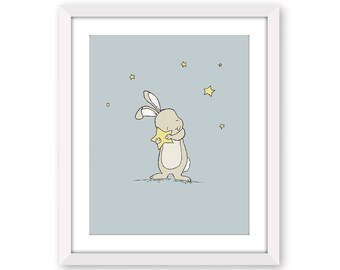Bunny Nursery Art, Bunny Holds Star, Catch A Falling Star, Bunny Art, Woodland Nursery, Children Art, Kids Wall Art, Bunny Nursery Art