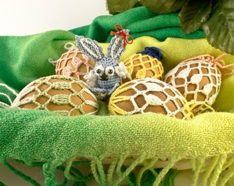 Easter Ornaments, Set of 5 Hand Crocheted Easter Eggs Cover & Crocheted Rabbit, Easter Decor, Easter Decoration, Easter Rabbit / Sandycraft