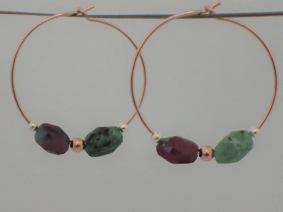 Ruby Zoisite Gemstone Hoop Earrings, 14k Rose Gold Filled