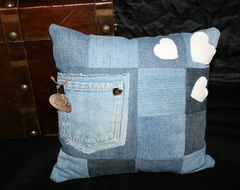 Jeans cushions including filling, with Pocket and hearts, 30x30cm