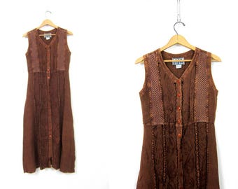 Long Brown Rayon Dress Vintage Indian BOHO Embroidered Festival Dress Button Front Midi Hippie 90s Embroidery Sundress Womens Size Small