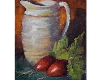 Small Still Life Original Oil Painting,Red Radishes And White HandThrown Pitcher,Oil Painting by Cheri Wollenberg