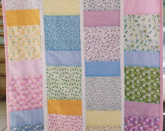 Toddler girl or Baby Shabby Chic Quilt Features Flowers, checks and polka dots with Pink Backing